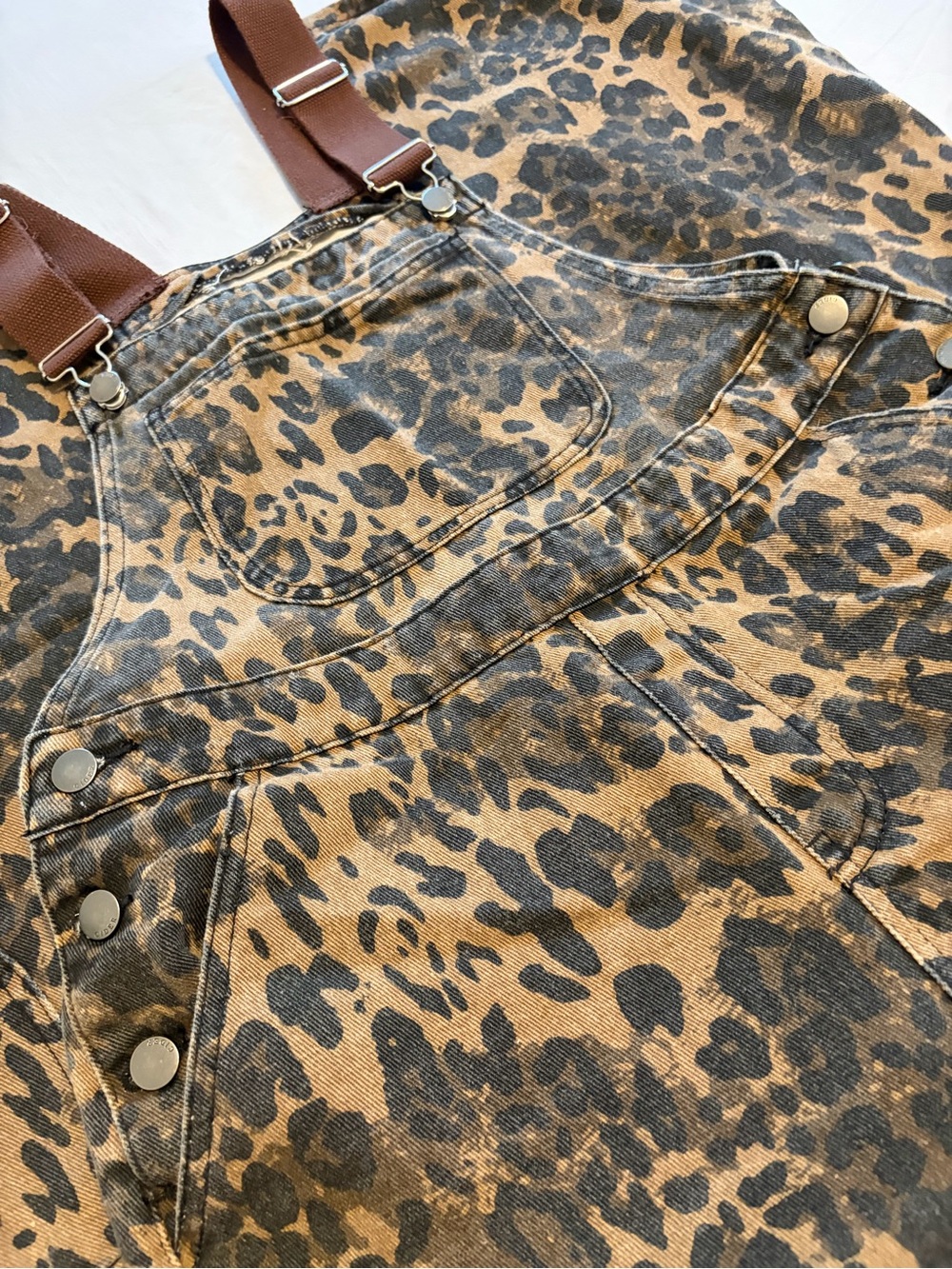 Cider: Leopard Print Denim Overalls with Brown Straps - Picture 2 of 2